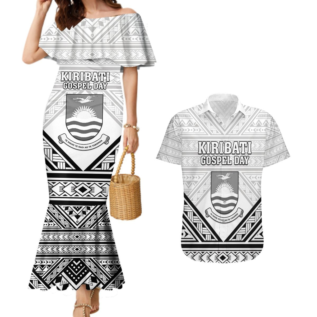 Personalised Kiribati Gospel Day Couples Matching Mermaid Dress and Hawaiian Shirt Coat Of Arms Polynesian Pattern LT05 White - Polynesian Pride