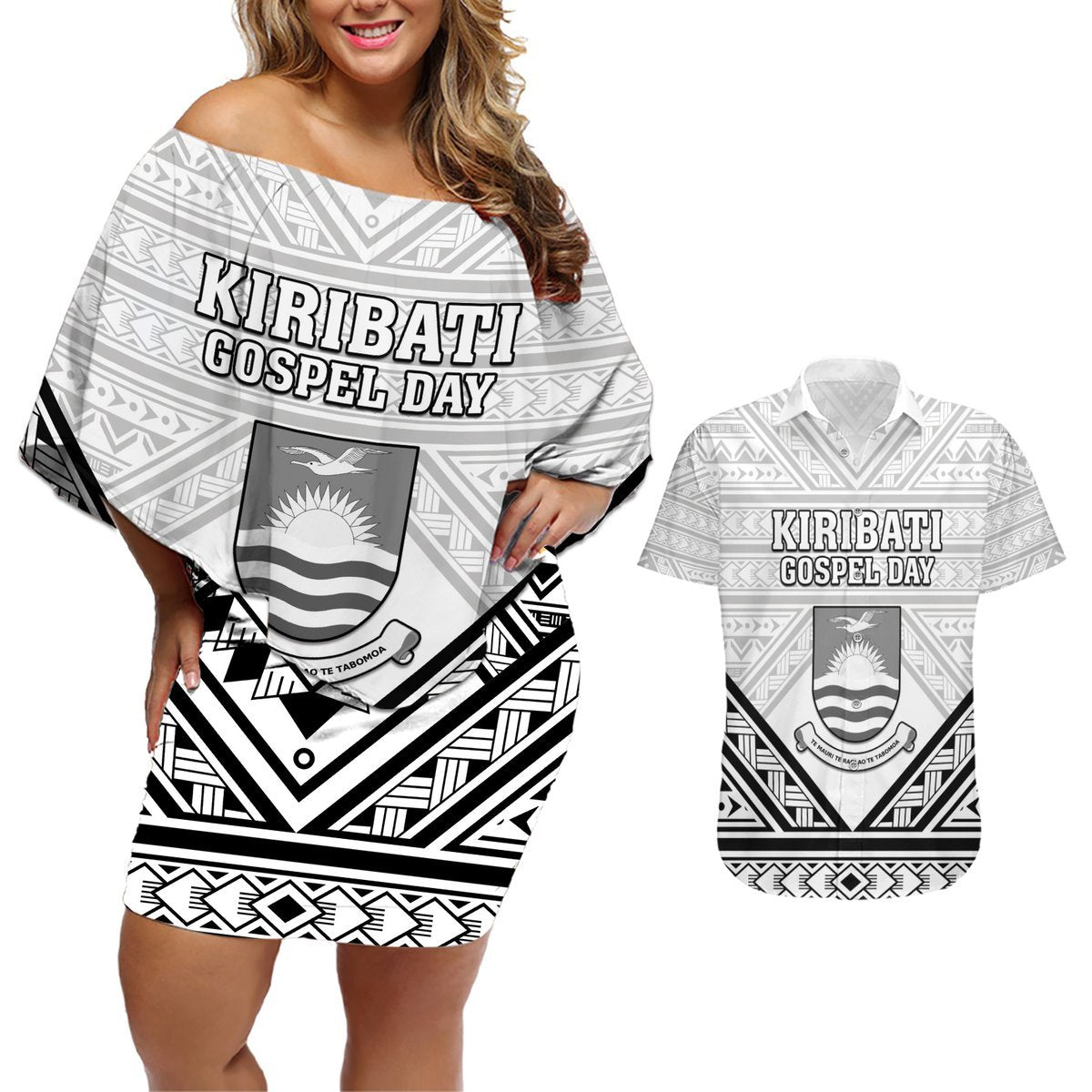 Personalised Kiribati Gospel Day Couples Matching Off Shoulder Short Dress and Hawaiian Shirt Coat Of Arms Polynesian Pattern LT05 White - Polynesian Pride