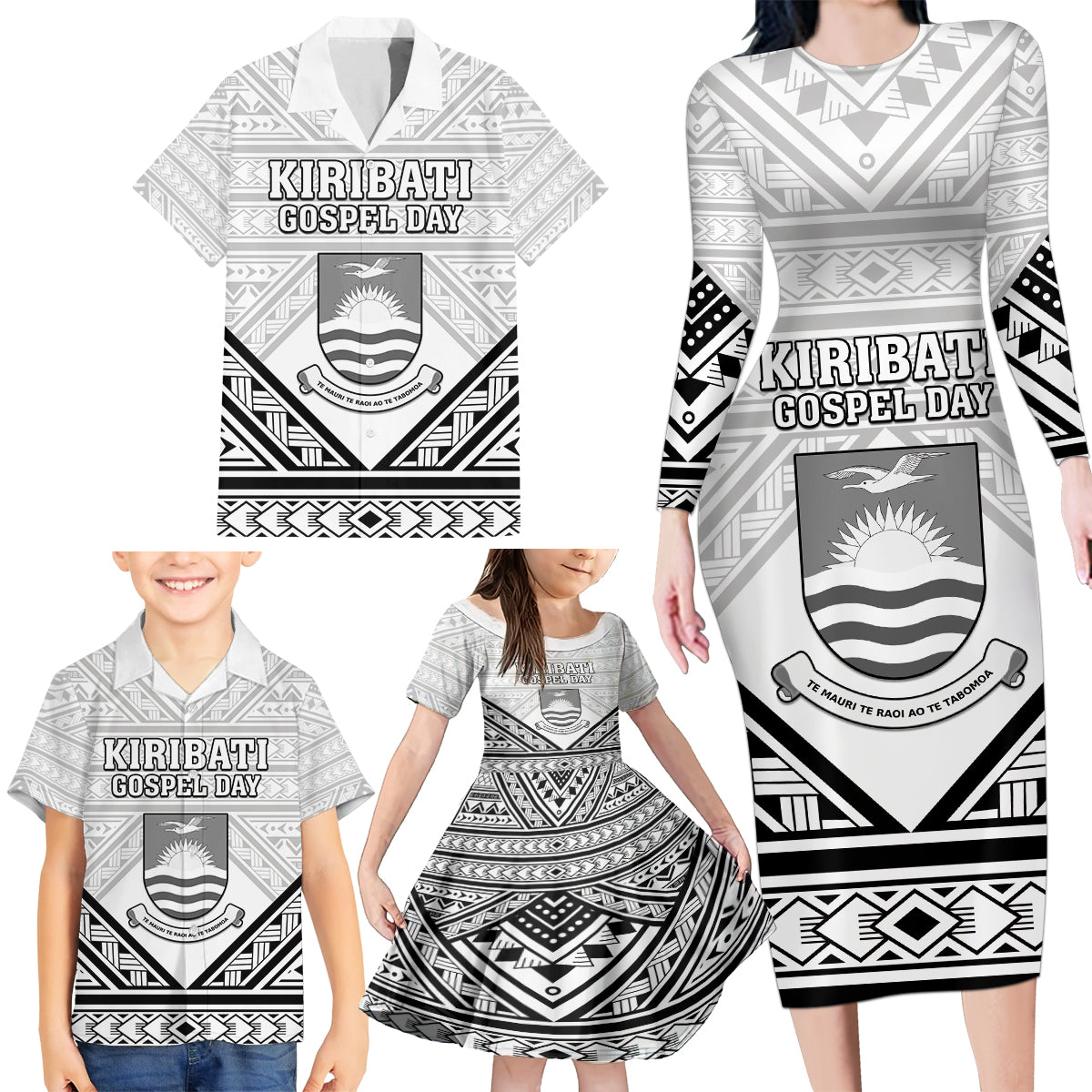 Personalised Kiribati Gospel Day Family Matching Long Sleeve Bodycon Dress and Hawaiian Shirt Coat Of Arms Polynesian Pattern LT05 - Polynesian Pride
