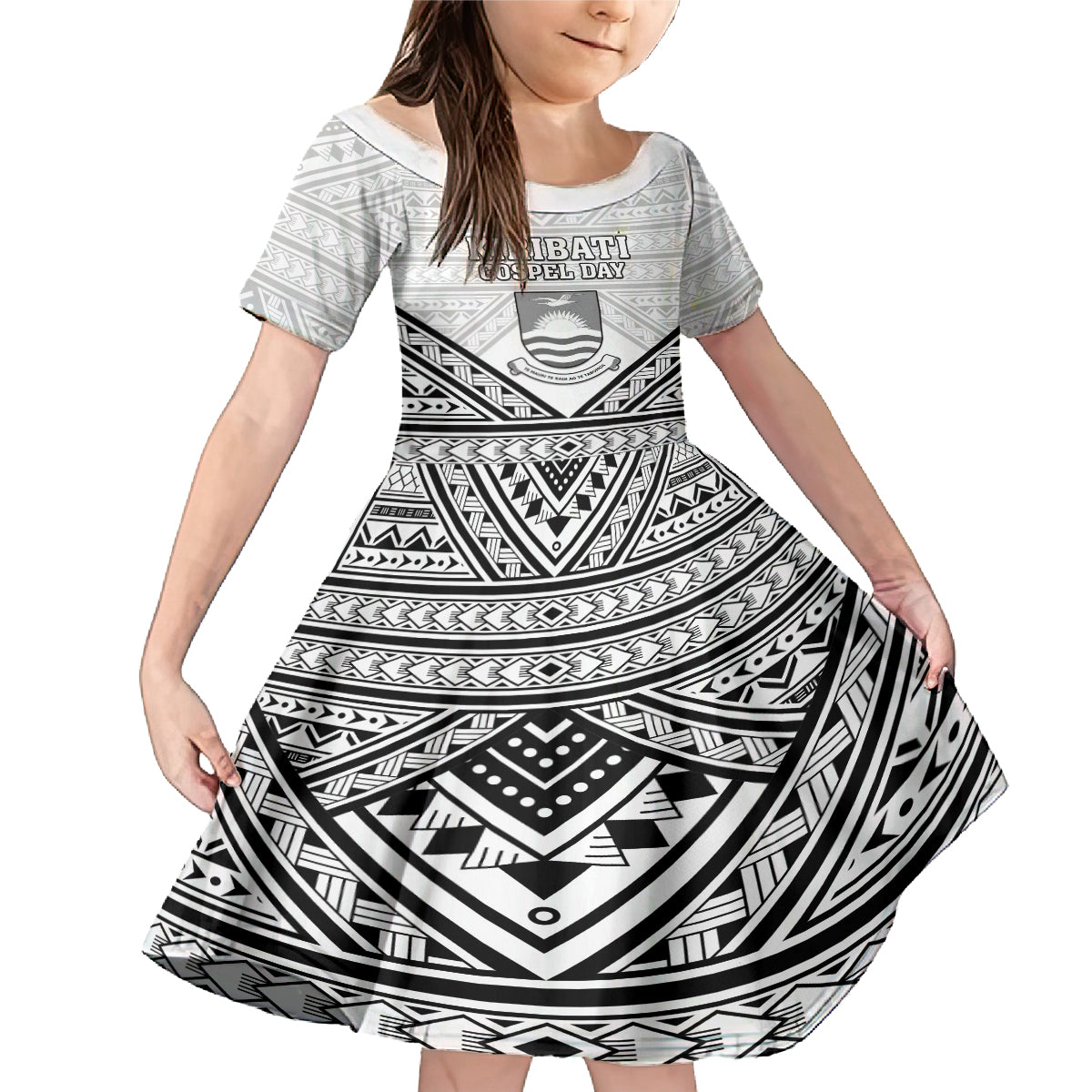 Personalised Kiribati Gospel Day Family Matching Mermaid Dress and Hawaiian Shirt Coat Of Arms Polynesian Pattern LT05 Daughter's Dress White - Polynesian Pride