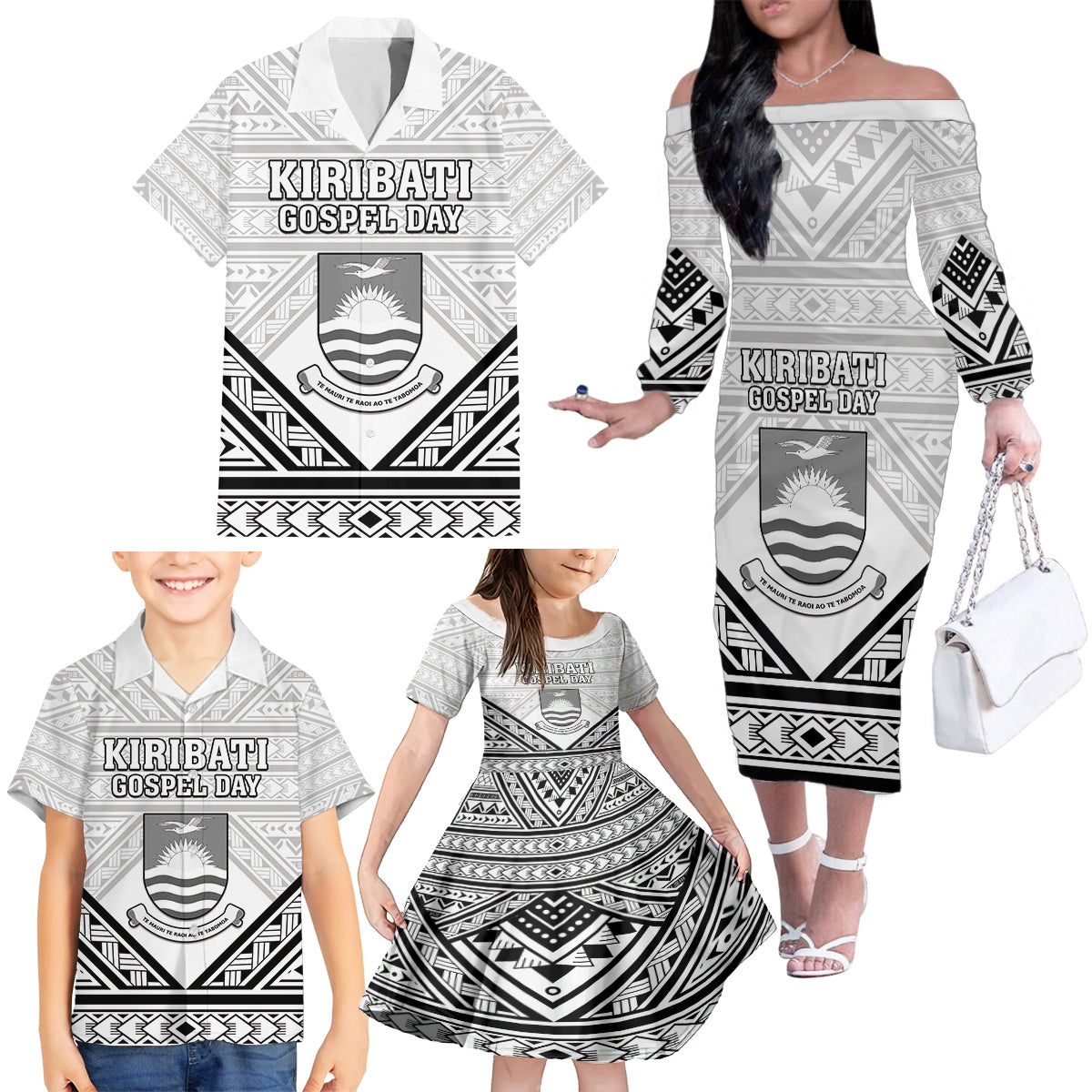 Personalised Kiribati Gospel Day Family Matching Off The Shoulder Long Sleeve Dress and Hawaiian Shirt Coat Of Arms Polynesian Pattern LT05 - Polynesian Pride