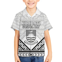 Personalised Kiribati Gospel Day Family Matching Off The Shoulder Long Sleeve Dress and Hawaiian Shirt Coat Of Arms Polynesian Pattern LT05 Son's Shirt White - Polynesian Pride