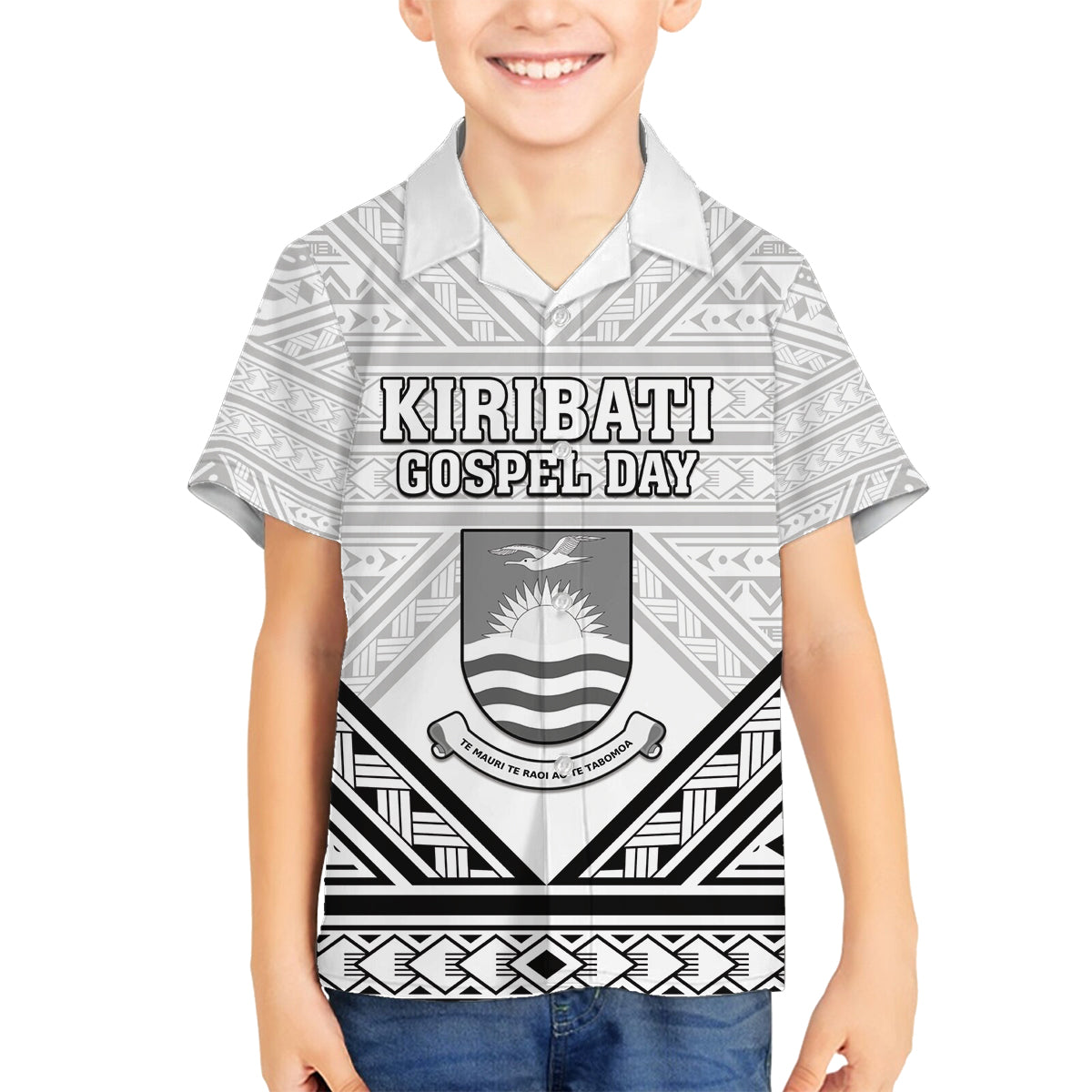 Personalised Kiribati Gospel Day Family Matching Off Shoulder Maxi Dress and Hawaiian Shirt Coat Of Arms Polynesian Pattern LT05 Son's Shirt White - Polynesian Pride
