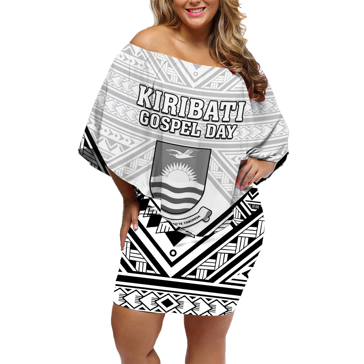 Personalised Kiribati Gospel Day Family Matching Off Shoulder Short Dress and Hawaiian Shirt Coat Of Arms Polynesian Pattern LT05 Mom's Dress White - Polynesian Pride