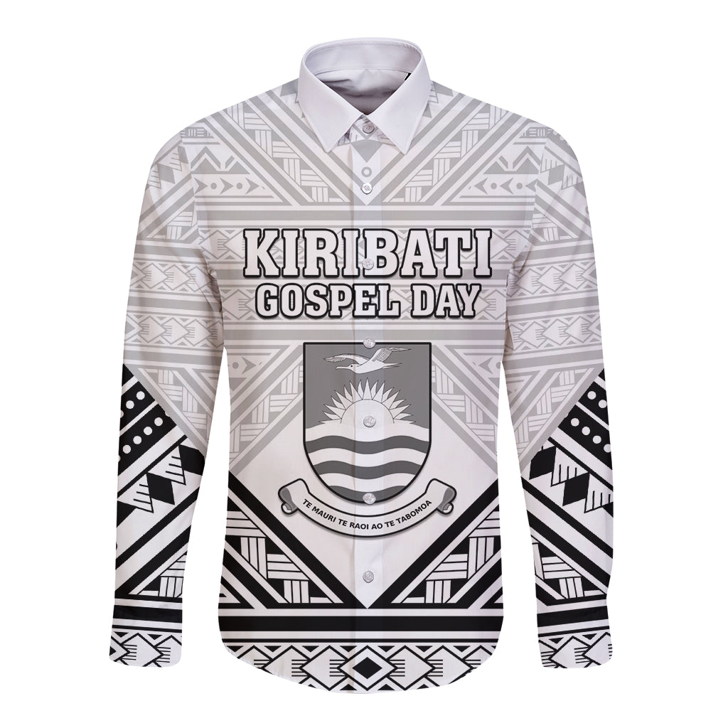 Personalised Kiribati Gospel Day Long Sleeve Button Shirt Coat Of Arms Polynesian Pattern LT05 Unisex White - Polynesian Pride