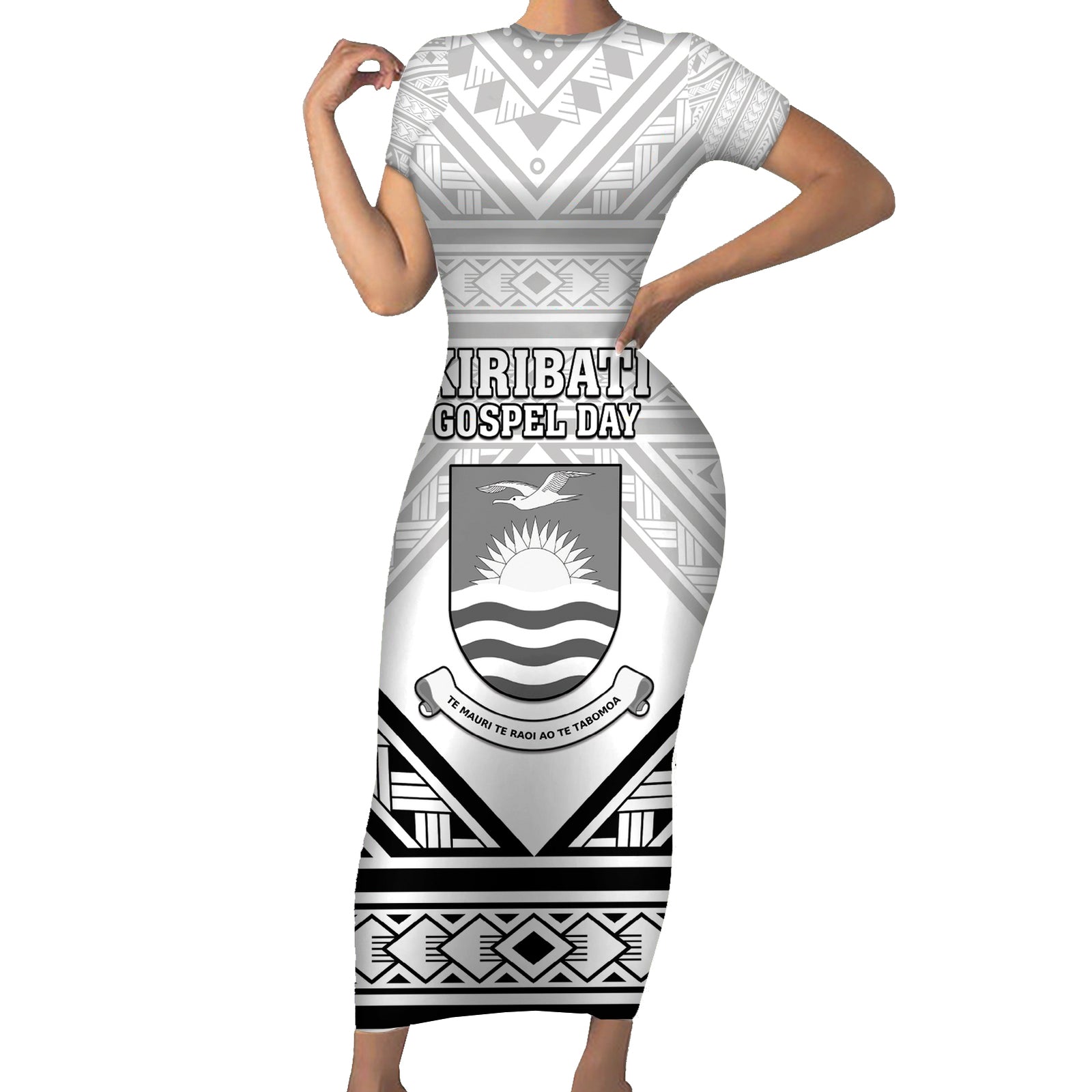 Personalised Kiribati Gospel Day Short Sleeve Bodycon Dress Coat Of Arms Polynesian Pattern LT05 Long Dress White - Polynesian Pride