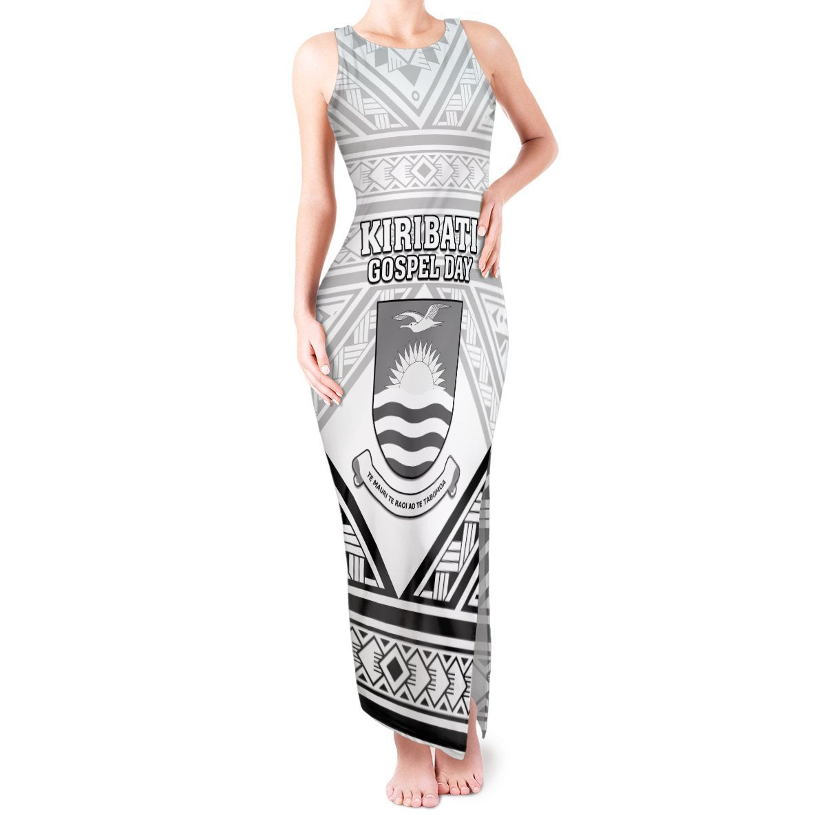 Personalised Kiribati Gospel Day Tank Maxi Dress Coat Of Arms Polynesian Pattern LT05 Women White - Polynesian Pride