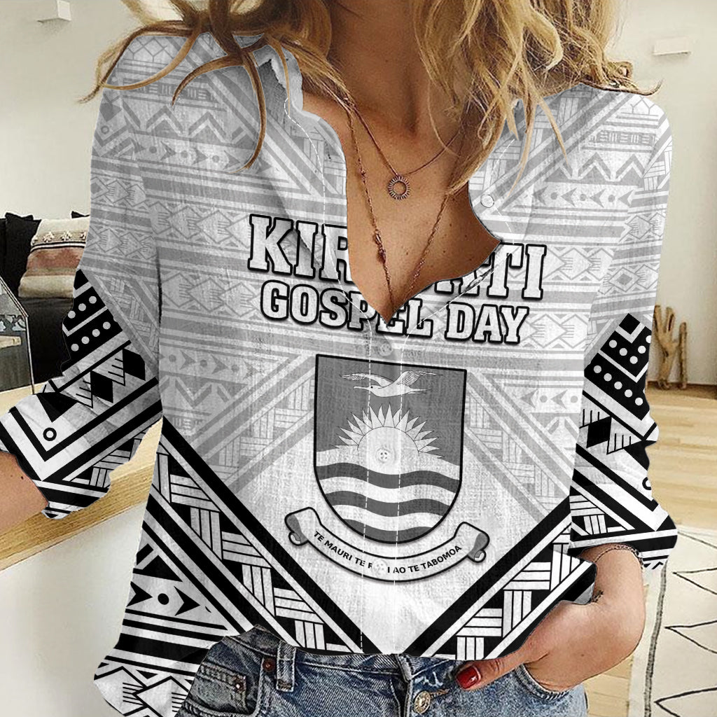 Personalised Kiribati Gospel Day Women Casual Shirt Coat Of Arms Polynesian Pattern LT05 Female White - Polynesian Pride