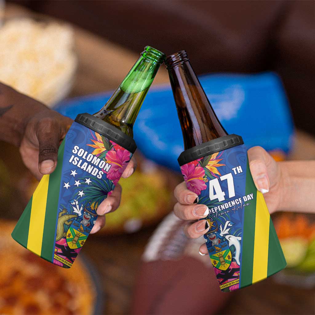 Solomon Islands Independence Day 4 in 1 Can Cooler Tumbler Coat Of Arms With Tropical Flowers