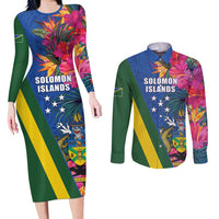 Solomon Islands Independence Day Couples Matching Long Sleeve Bodycon Dress and Long Sleeve Button Shirt Coat Of Arms With Tropical Flowers LT05 Blue - Polynesian Pride