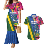 Solomon Islands Independence Day Couples Matching Mermaid Dress and Hawaiian Shirt Coat Of Arms With Tropical Flowers LT05 Blue - Polynesian Pride