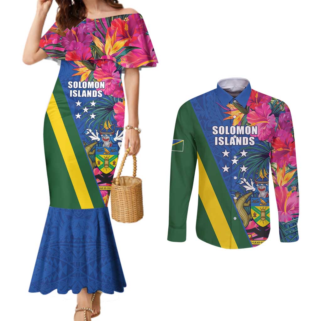 Solomon Islands Independence Day Couples Matching Mermaid Dress and Long Sleeve Button Shirt Coat Of Arms With Tropical Flowers LT05 Blue - Polynesian Pride