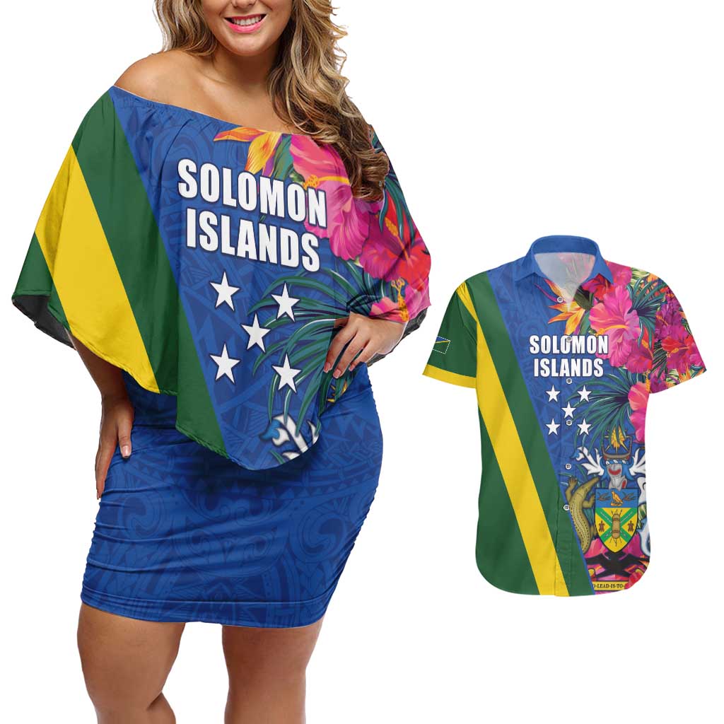 Solomon Islands Independence Day Couples Matching Off Shoulder Short Dress and Hawaiian Shirt Coat Of Arms With Tropical Flowers LT05 Blue - Polynesian Pride