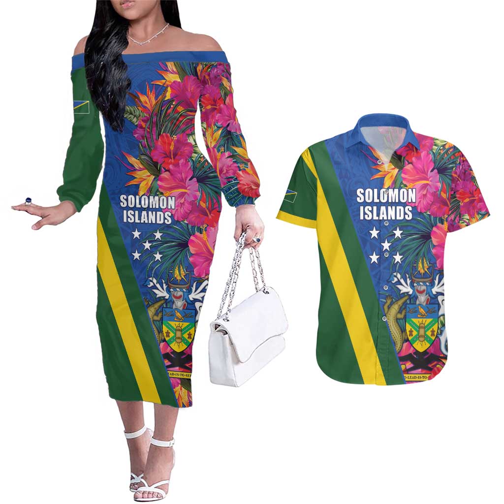 Solomon Islands Independence Day Couples Matching Off The Shoulder Long Sleeve Dress and Hawaiian Shirt Coat Of Arms With Tropical Flowers LT05 Blue - Polynesian Pride