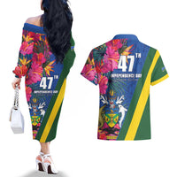 Solomon Islands Independence Day Couples Matching Off The Shoulder Long Sleeve Dress and Hawaiian Shirt Coat Of Arms With Tropical Flowers LT05 - Polynesian Pride