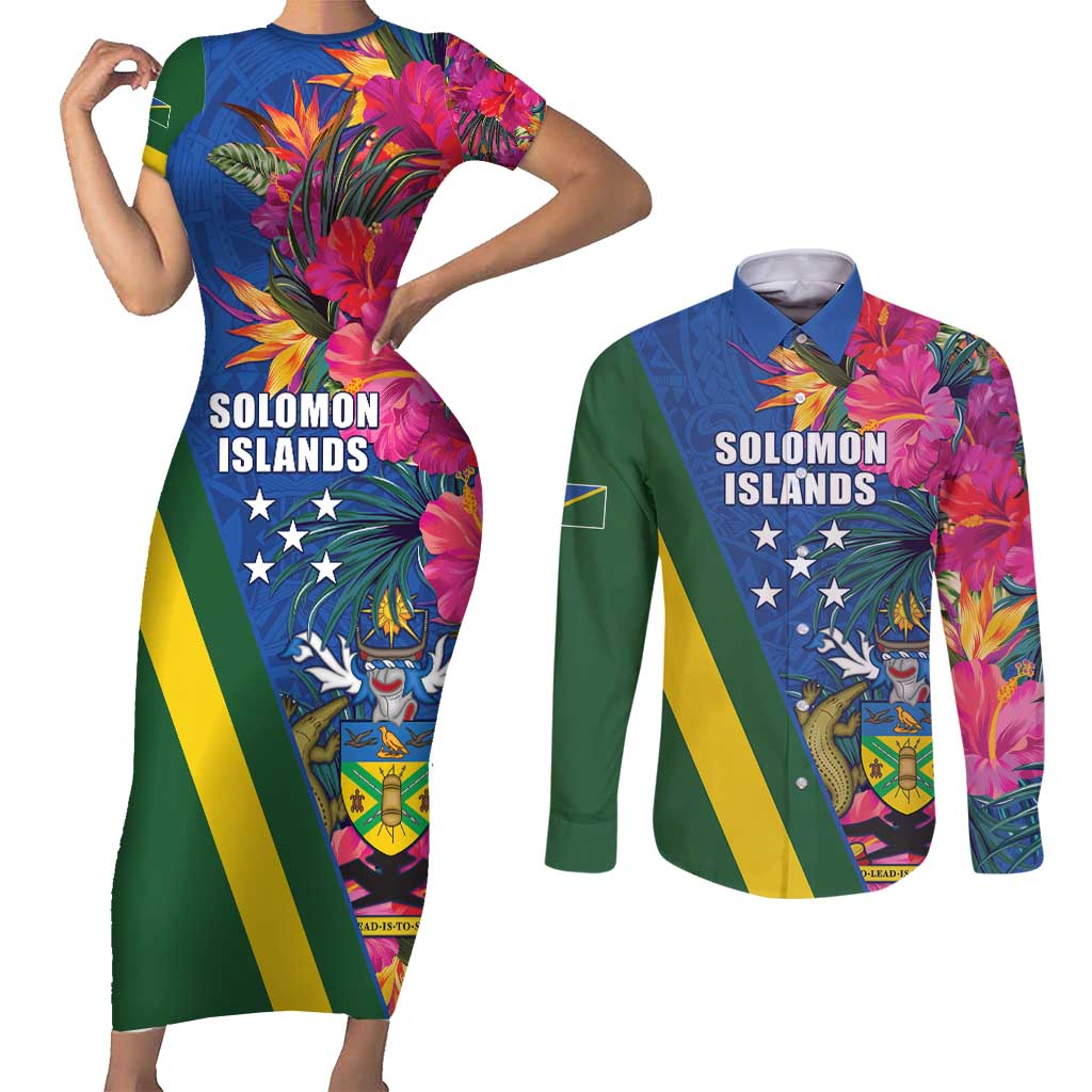 Solomon Islands Independence Day Couples Matching Short Sleeve Bodycon Dress and Long Sleeve Button Shirt Coat Of Arms With Tropical Flowers LT05 Blue - Polynesian Pride