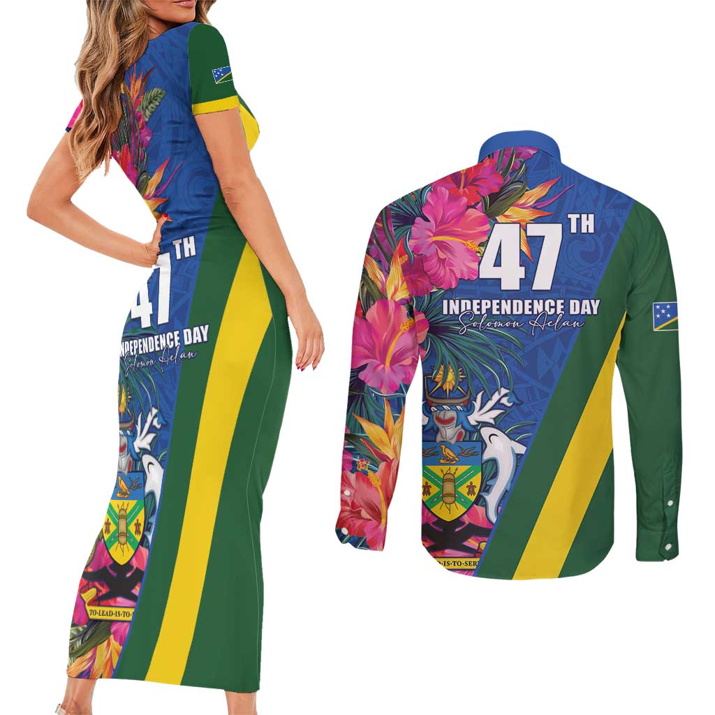 Solomon Islands Independence Day Couples Matching Short Sleeve Bodycon Dress and Long Sleeve Button Shirt Coat Of Arms With Tropical Flowers LT05 - Polynesian Pride