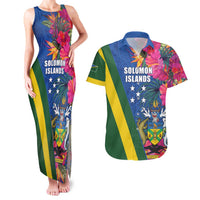 Solomon Islands Independence Day Couples Matching Tank Maxi Dress and Hawaiian Shirt Coat Of Arms With Tropical Flowers LT05 Blue - Polynesian Pride