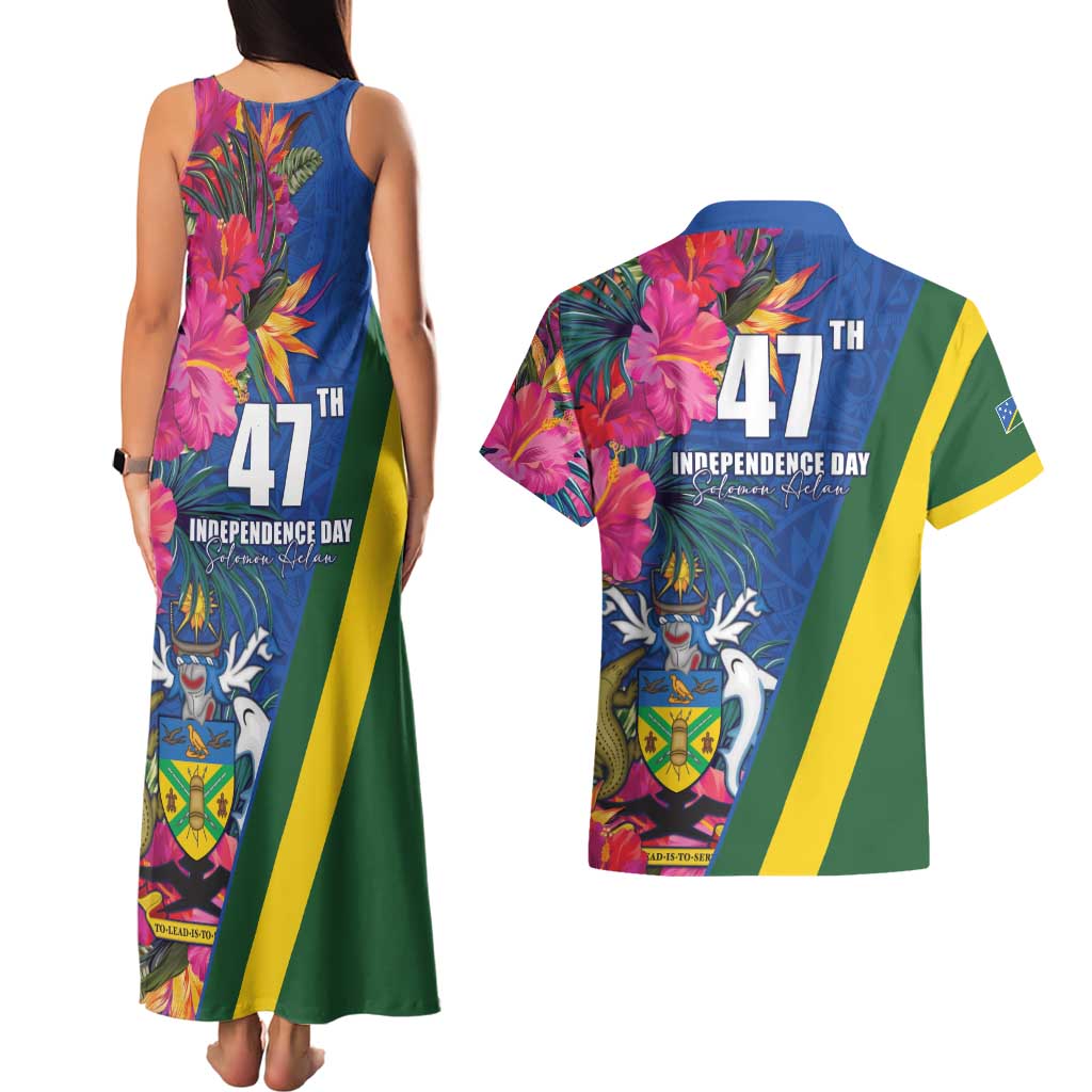 Solomon Islands Independence Day Couples Matching Tank Maxi Dress and Hawaiian Shirt Coat Of Arms With Tropical Flowers LT05 - Polynesian Pride