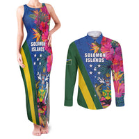 Solomon Islands Independence Day Couples Matching Tank Maxi Dress and Long Sleeve Button Shirt Coat Of Arms With Tropical Flowers LT05 Blue - Polynesian Pride