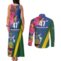 Solomon Islands Independence Day Couples Matching Tank Maxi Dress and Long Sleeve Button Shirt Coat Of Arms With Tropical Flowers LT05 - Polynesian Pride