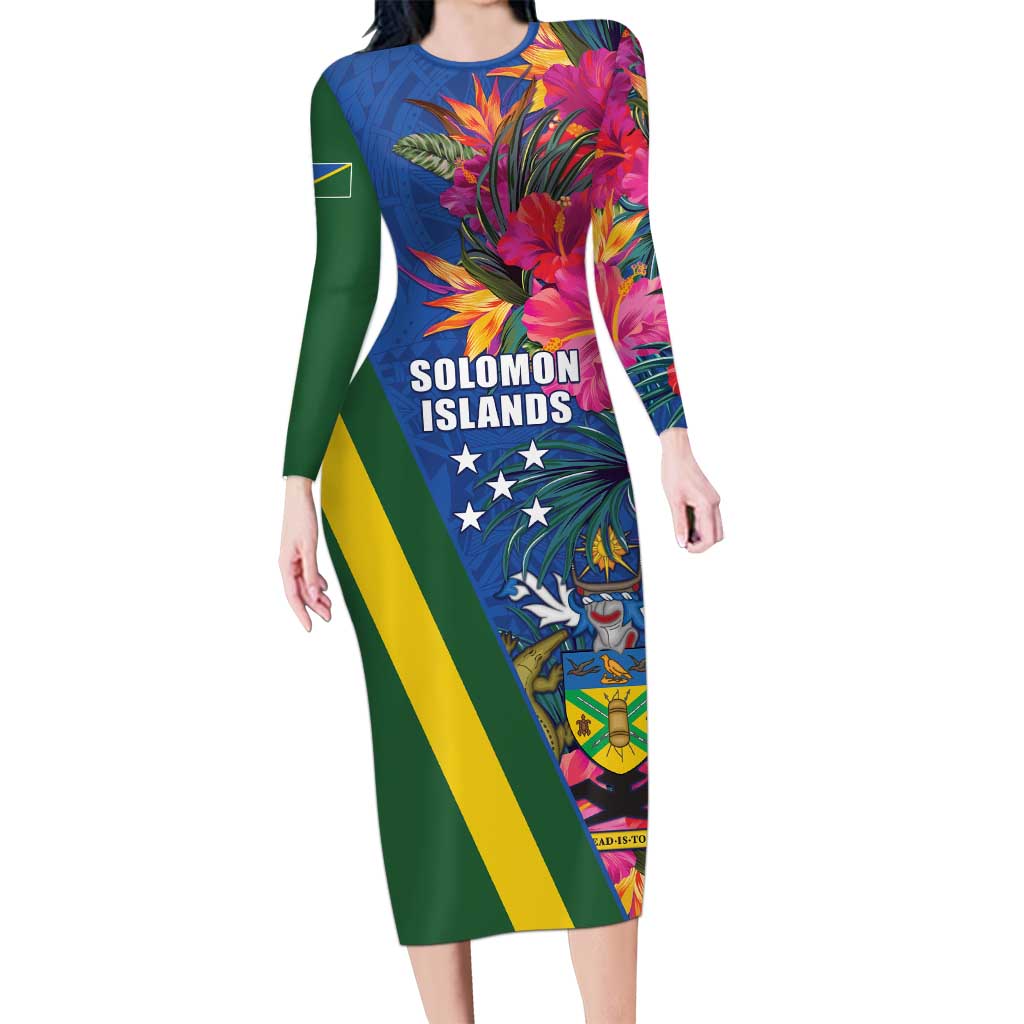 Solomon Islands Independence Day Family Matching Long Sleeve Bodycon Dress and Hawaiian Shirt Coat Of Arms With Tropical Flowers LT05 Mom's Dress Blue - Polynesian Pride