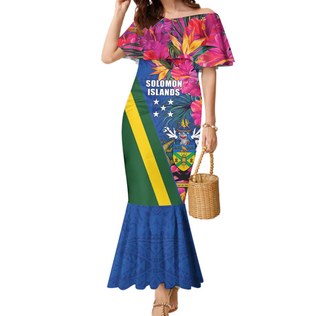 Solomon Islands Independence Day Family Matching Mermaid Dress and Hawaiian Shirt Coat Of Arms With Tropical Flowers LT05 Mom's Dress Blue - Polynesian Pride