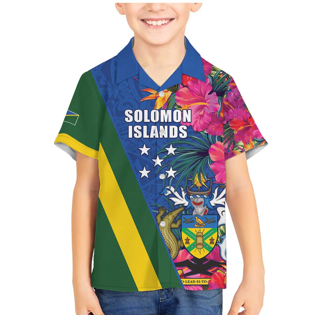 Solomon Islands Independence Day Family Matching Mermaid Dress and Hawaiian Shirt Coat Of Arms With Tropical Flowers LT05 Son's Shirt Blue - Polynesian Pride