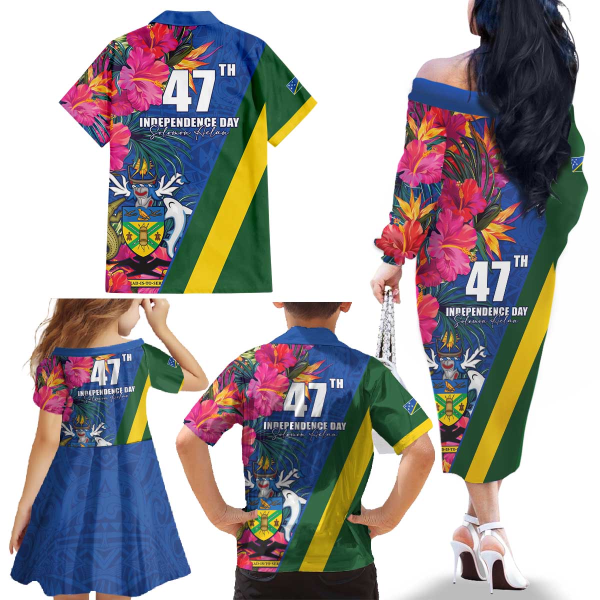 Solomon Islands Independence Day Family Matching Off The Shoulder Long Sleeve Dress and Hawaiian Shirt Coat Of Arms With Tropical Flowers LT05 - Polynesian Pride