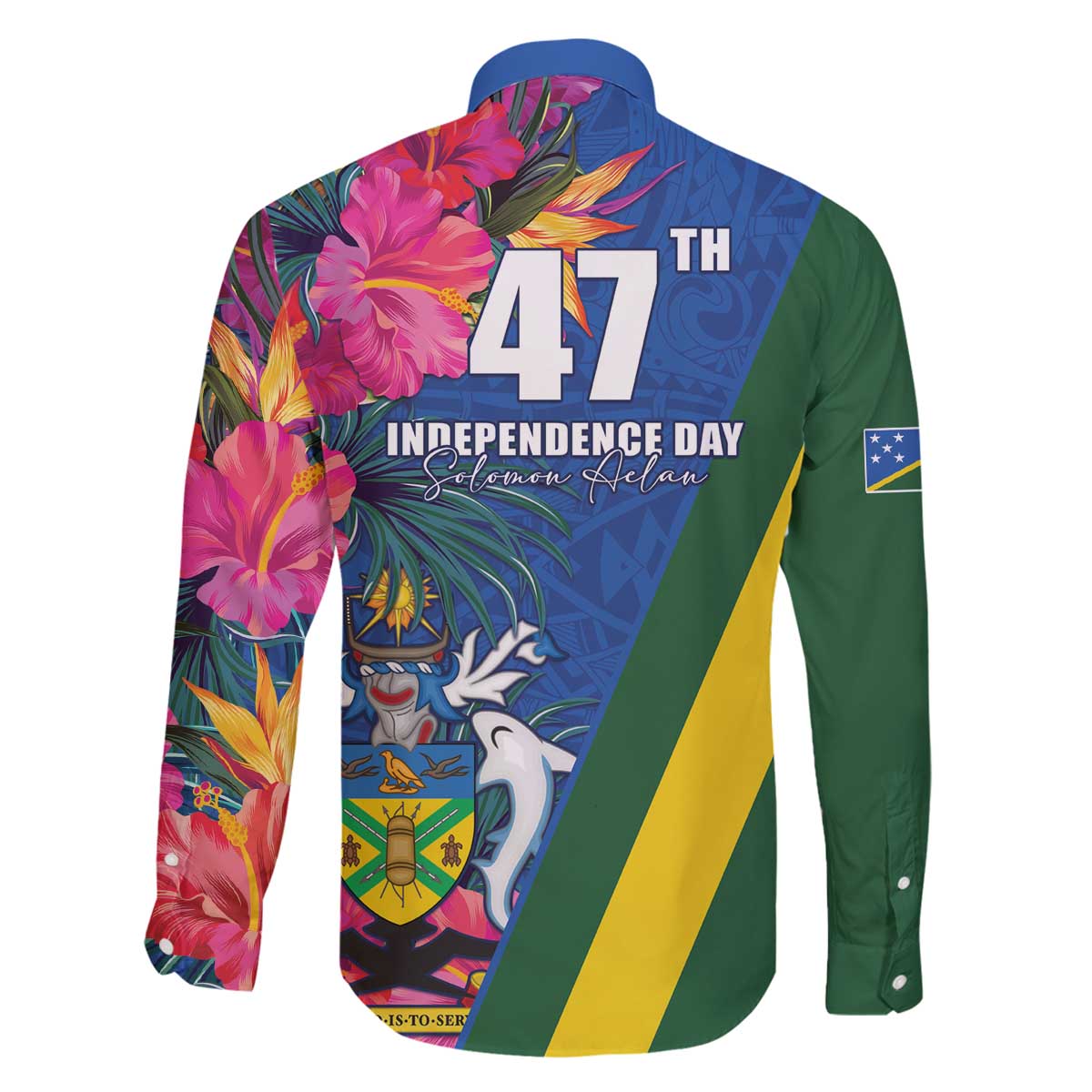 Solomon Islands Independence Day Family Matching Off The Shoulder Long Sleeve Dress and Hawaiian Shirt Coat Of Arms With Tropical Flowers LT05 - Polynesian Pride