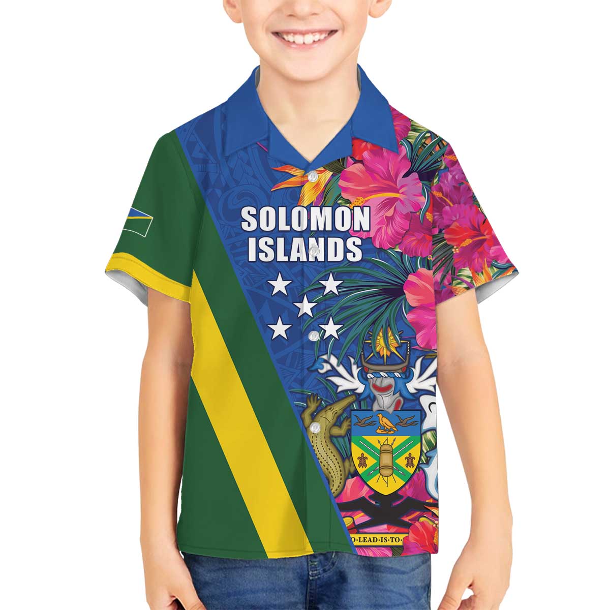 Solomon Islands Independence Day Family Matching Off The Shoulder Long Sleeve Dress and Hawaiian Shirt Coat Of Arms With Tropical Flowers LT05 Son's Shirt Blue - Polynesian Pride