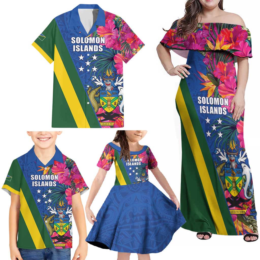 Solomon Islands Independence Day Family Matching Off Shoulder Maxi Dress and Hawaiian Shirt Coat Of Arms With Tropical Flowers LT05 - Polynesian Pride