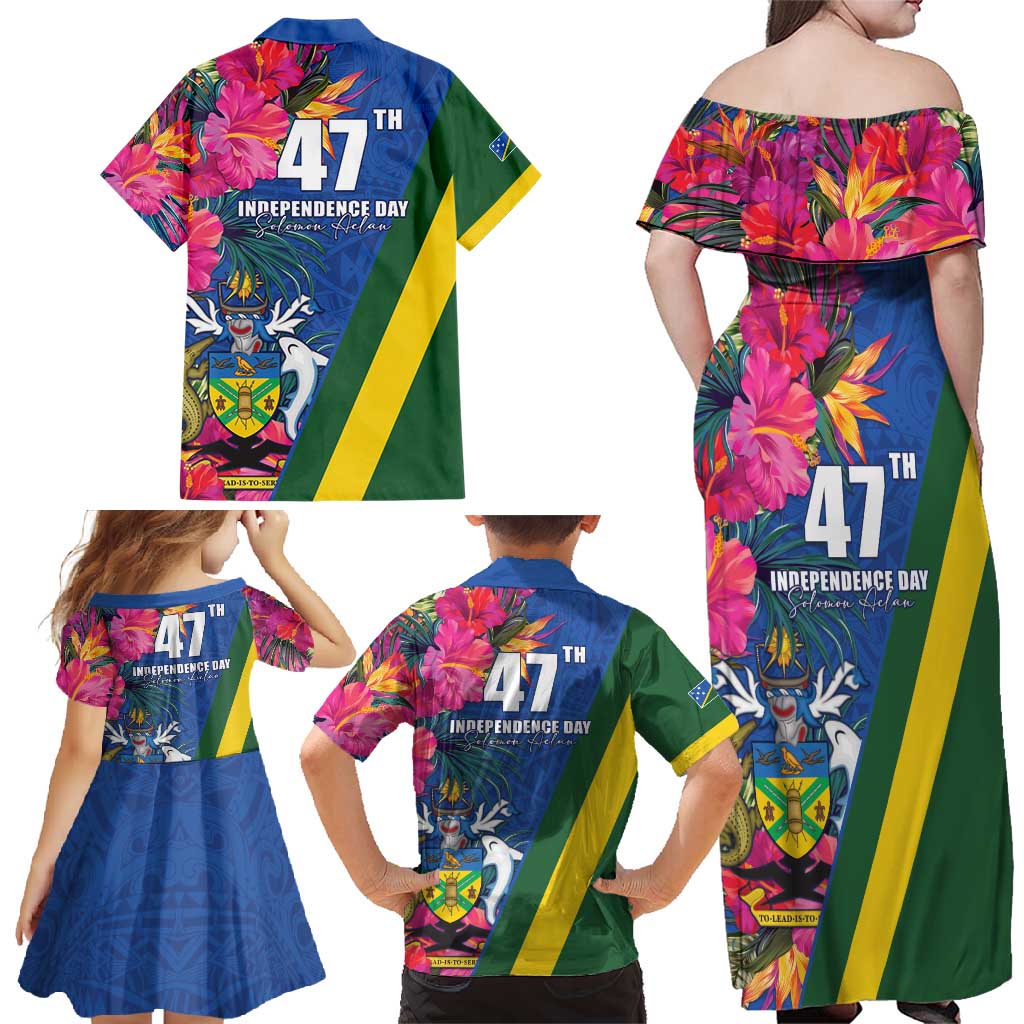 Solomon Islands Independence Day Family Matching Off Shoulder Maxi Dress and Hawaiian Shirt Coat Of Arms With Tropical Flowers LT05 - Polynesian Pride