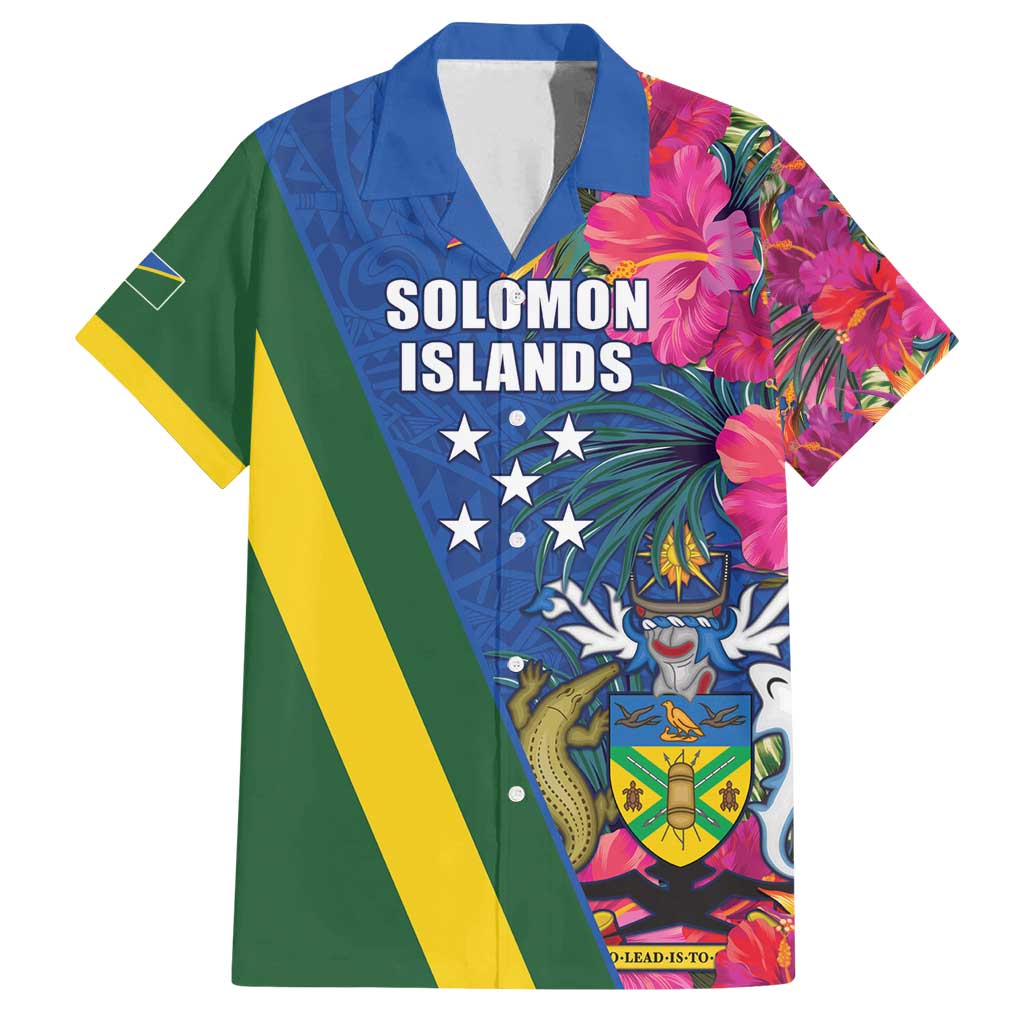 Solomon Islands Independence Day Family Matching Off Shoulder Maxi Dress and Hawaiian Shirt Coat Of Arms With Tropical Flowers LT05 Dad's Shirt - Short Sleeve Blue - Polynesian Pride