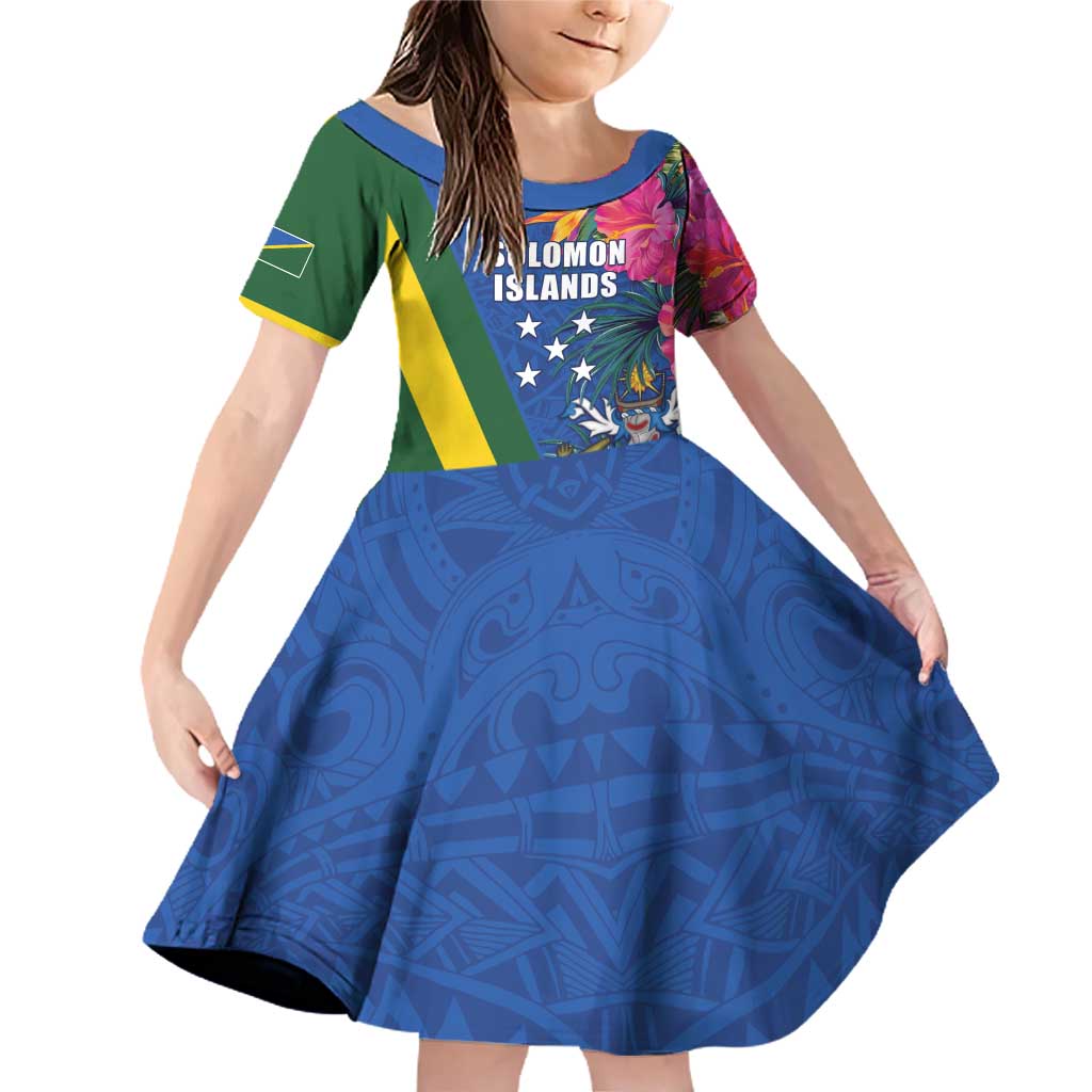 Solomon Islands Independence Day Family Matching Off Shoulder Short Dress and Hawaiian Shirt Coat Of Arms With Tropical Flowers LT05 Daughter's Dress Blue - Polynesian Pride