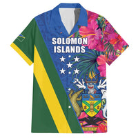 Solomon Islands Independence Day Family Matching Off Shoulder Short Dress and Hawaiian Shirt Coat Of Arms With Tropical Flowers LT05 Dad's Shirt - Short Sleeve Blue - Polynesian Pride