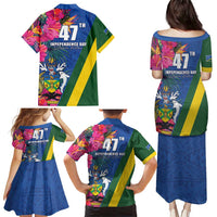 Solomon Islands Independence Day Family Matching Puletasi and Hawaiian Shirt Coat Of Arms With Tropical Flowers LT05 - Polynesian Pride