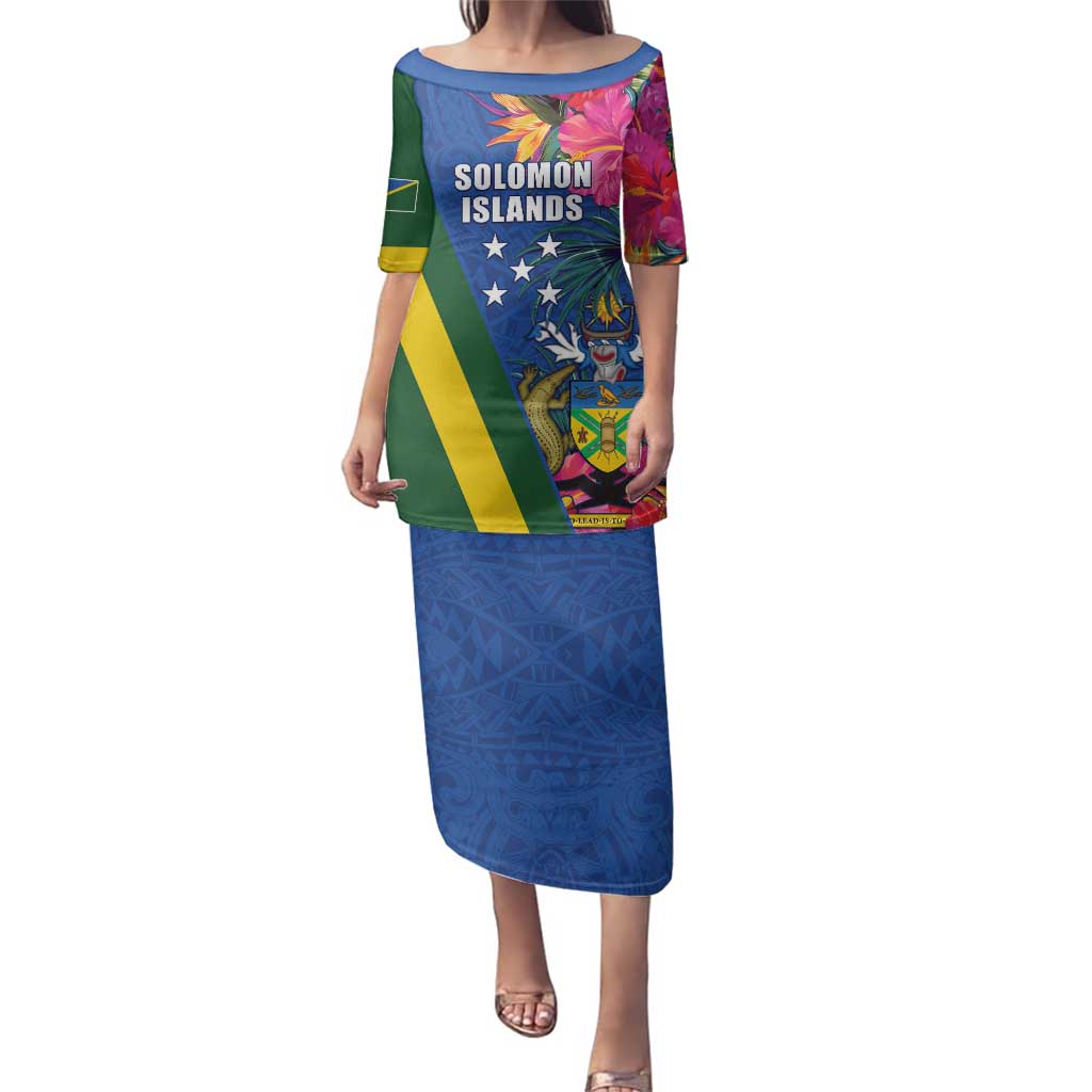 Solomon Islands Independence Day Family Matching Puletasi and Hawaiian Shirt Coat Of Arms With Tropical Flowers LT05 Mom's Dress Blue - Polynesian Pride