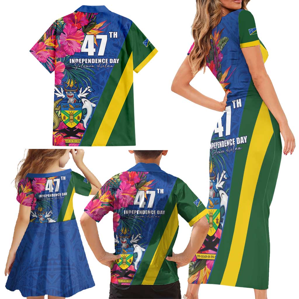 Solomon Islands Independence Day Family Matching Short Sleeve Bodycon Dress and Hawaiian Shirt Coat Of Arms With Tropical Flowers LT05 - Polynesian Pride