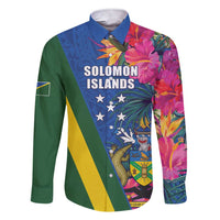 Solomon Islands Independence Day Family Matching Short Sleeve Bodycon Dress and Hawaiian Shirt Coat Of Arms With Tropical Flowers LT05 Dad's Shirt - Long Sleeve Blue - Polynesian Pride