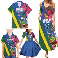 Solomon Islands Independence Day Family Matching Summer Maxi Dress and Hawaiian Shirt Coat Of Arms With Tropical Flowers LT05 - Polynesian Pride
