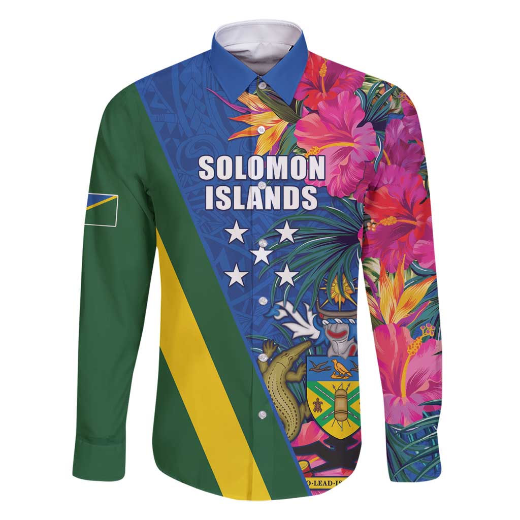 Solomon Islands Independence Day Family Matching Summer Maxi Dress and Hawaiian Shirt Coat Of Arms With Tropical Flowers LT05 Dad's Shirt - Long Sleeve Blue - Polynesian Pride