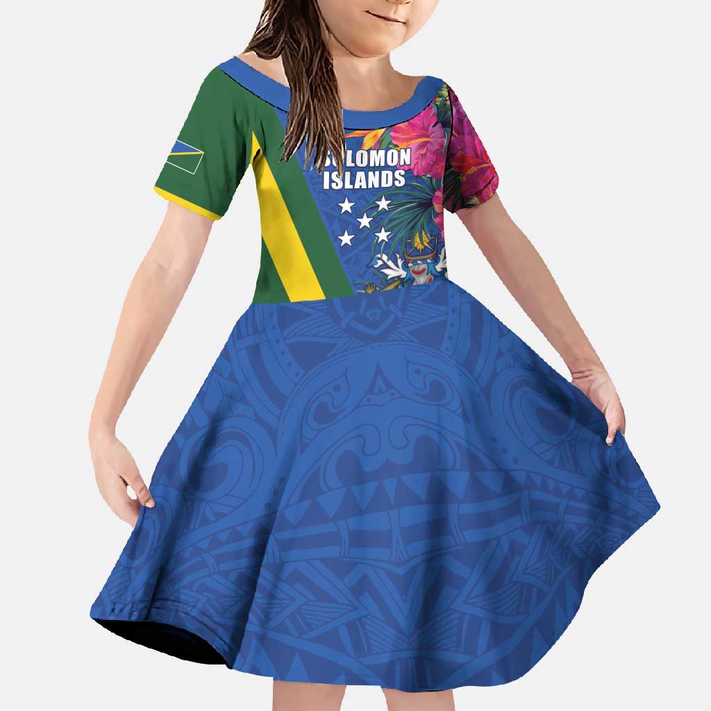 Solomon Islands Independence Day Family Matching Tank Maxi Dress and Hawaiian Shirt Coat Of Arms With Tropical Flowers LT05 Daughter's Dress Blue - Polynesian Pride