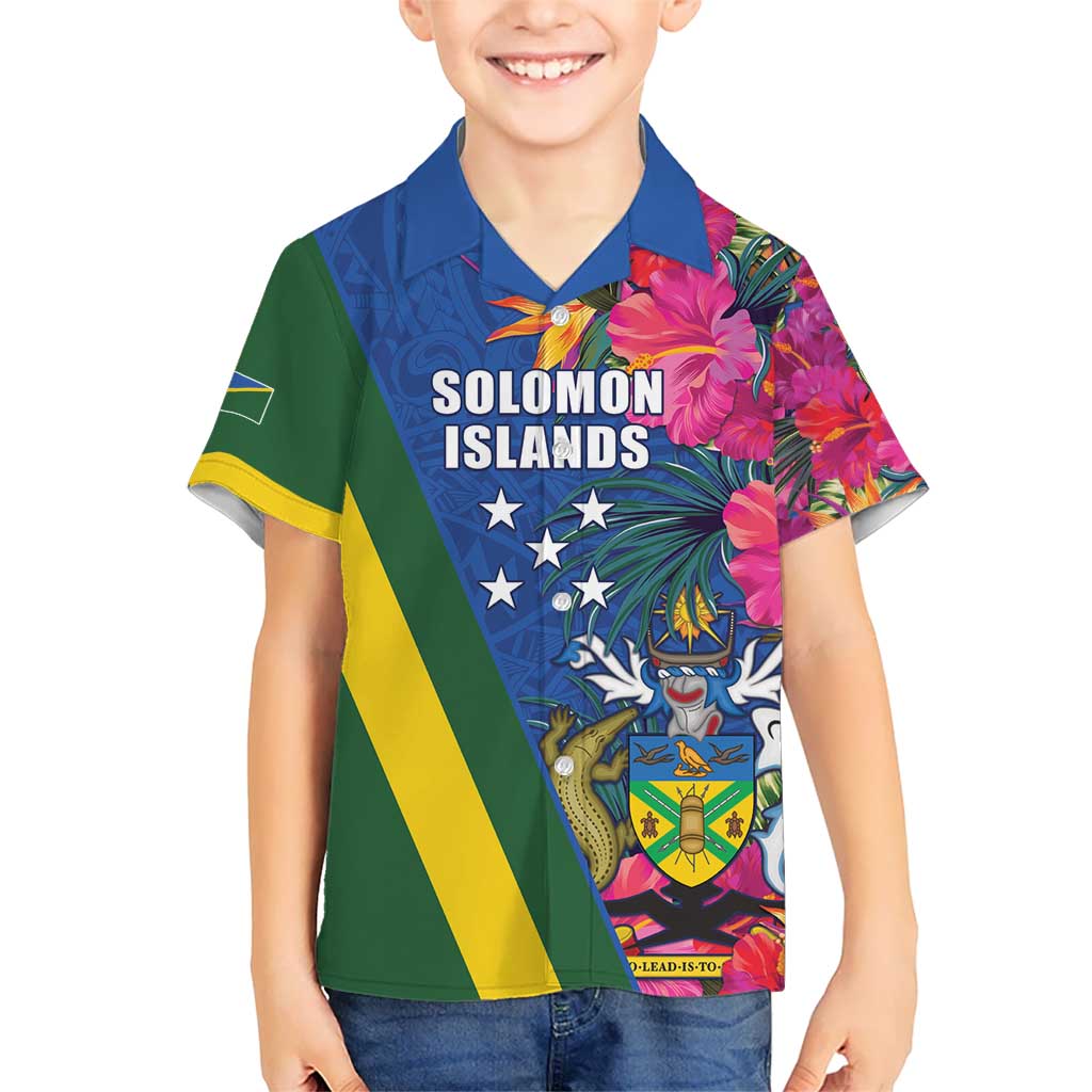 Solomon Islands Independence Day Kid Hawaiian Shirt Coat Of Arms With Tropical Flowers