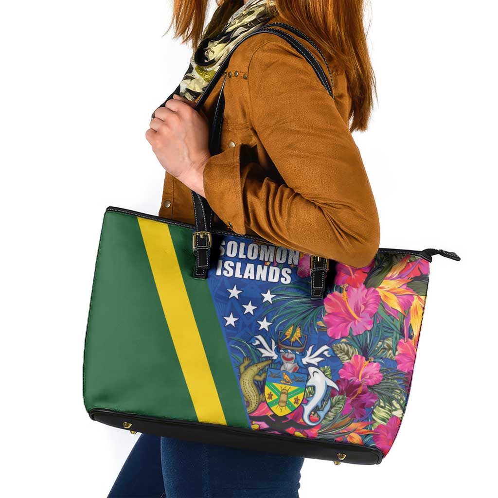 Solomon Islands Independence Day Leather Tote Bag Coat Of Arms With Tropical Flowers