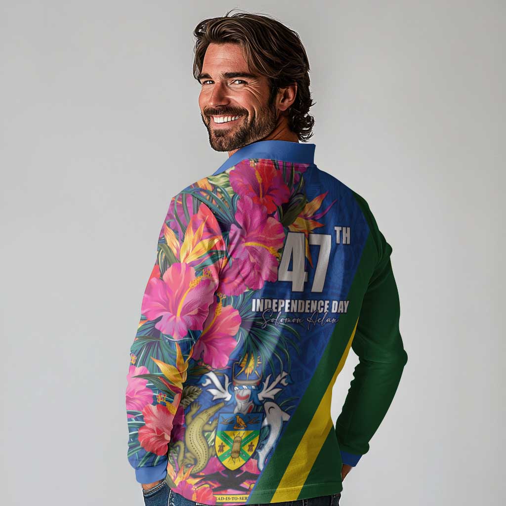 Solomon Islands Independence Day Long Sleeve Polo Shirt Coat Of Arms With Tropical Flowers