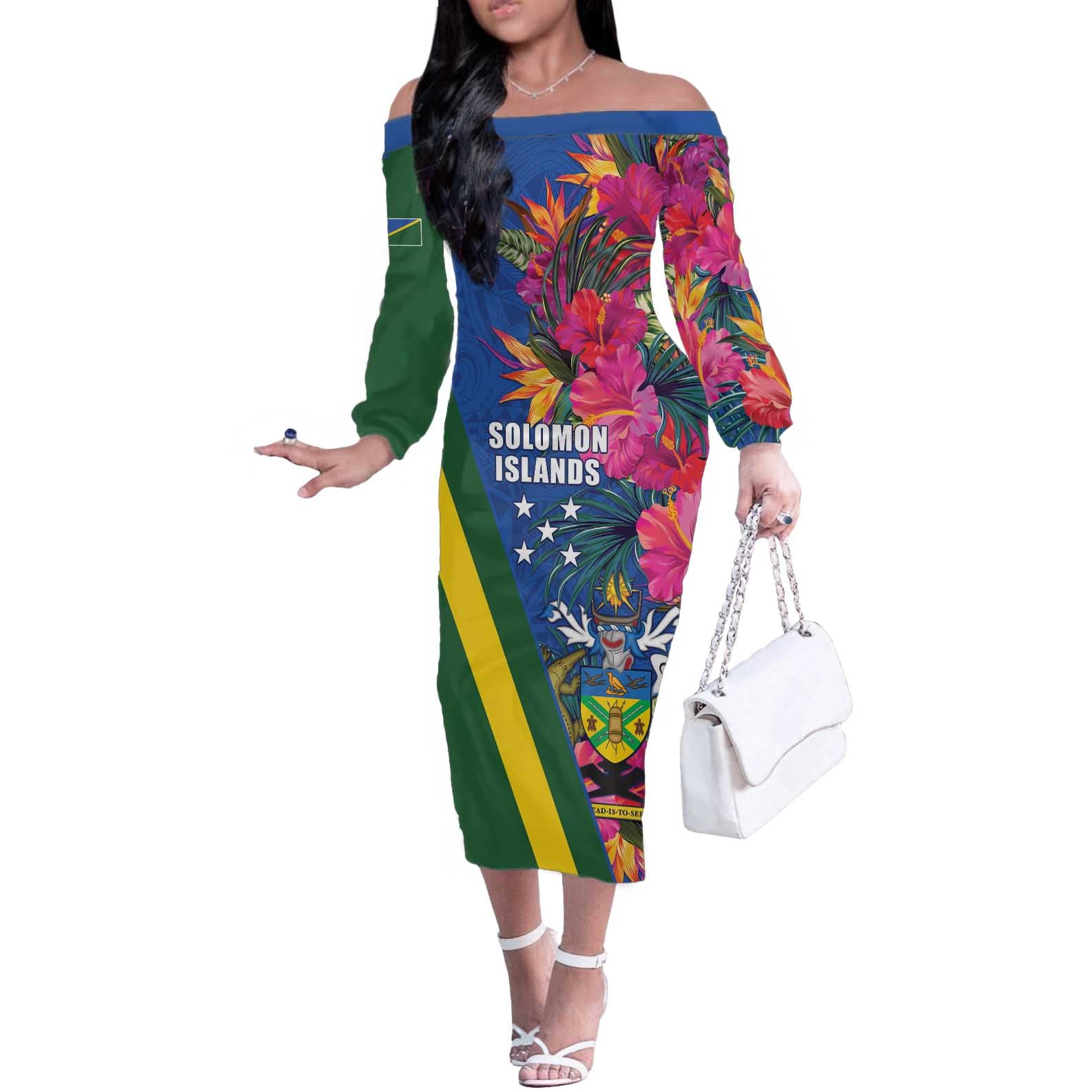 Solomon Islands Independence Day Off The Shoulder Long Sleeve Dress Coat Of Arms With Tropical Flowers