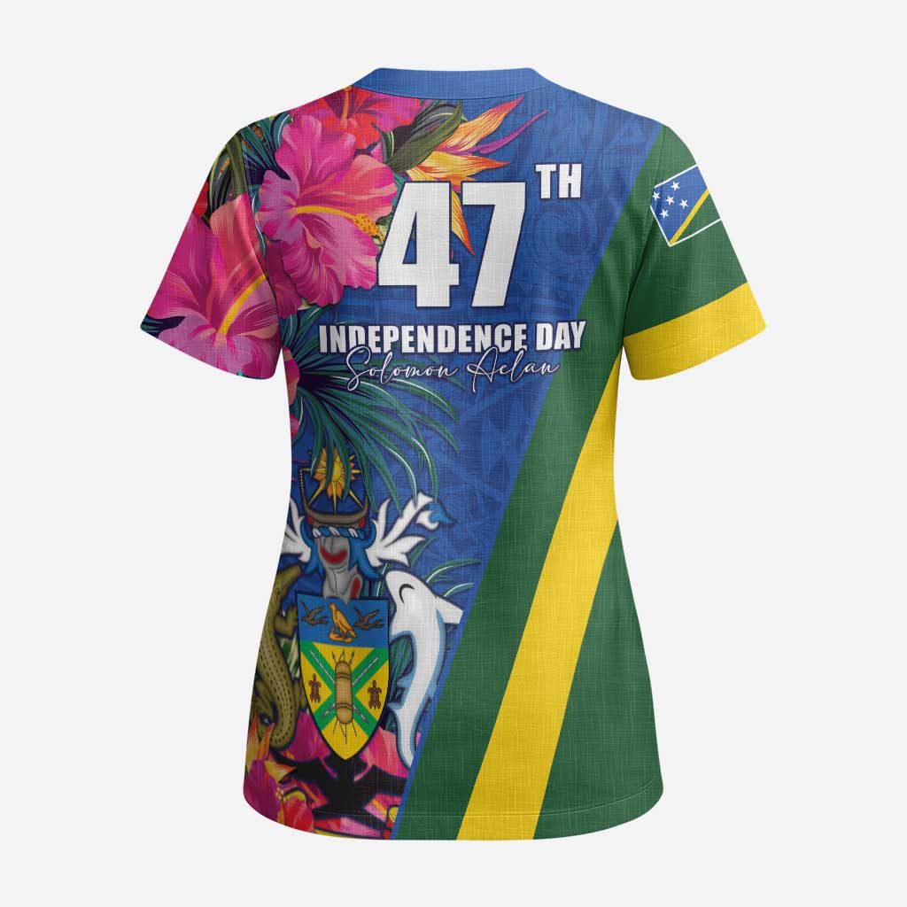 Solomon Islands Independence Day Scrub Top Coat Of Arms With Tropical Flowers - Polynesian Pride
