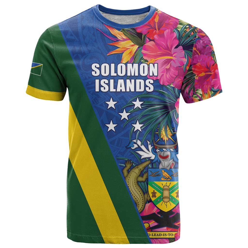 Solomon Islands Independence Day T Shirt Coat Of Arms With Tropical Flowers