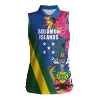 Solomon Islands Independence Day Women Sleeveless Polo Shirt Coat Of Arms With Tropical Flowers LT05 Female Blue - Polynesian Pride